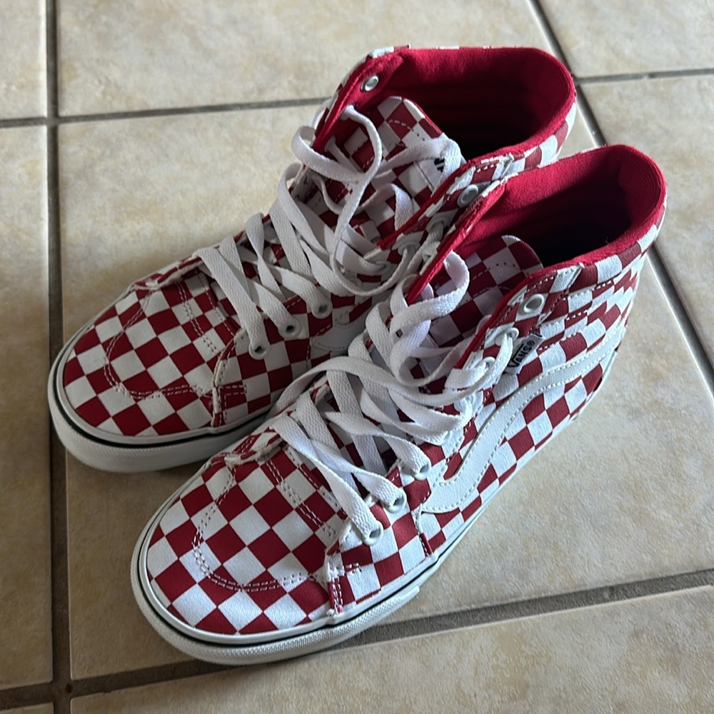 Vans Red and White Checkered Hightop skater sneakers